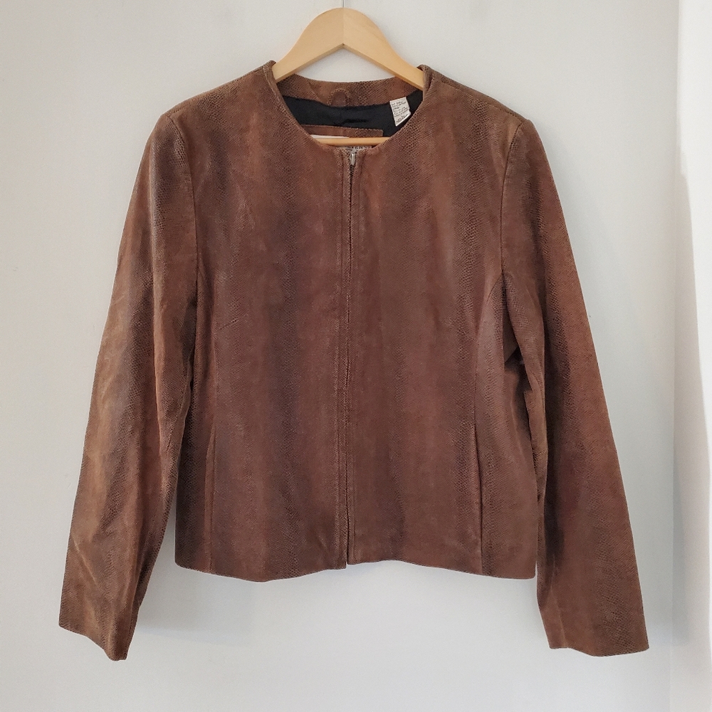 VALERIE STEVENS Sz L Brown Leather Jacket Zip Reptile Print Pockets City 90s EUC